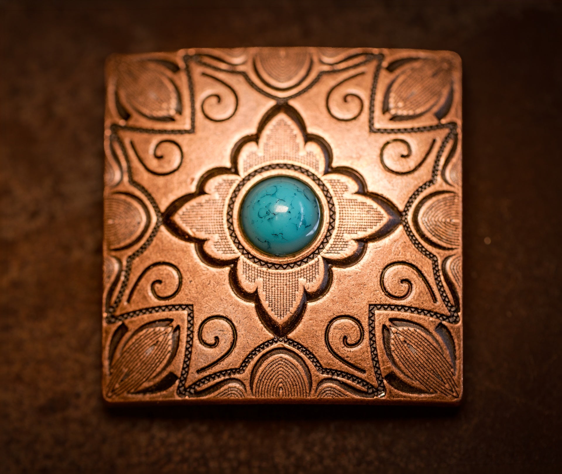 1.675” copper square concho with turquoise color stones