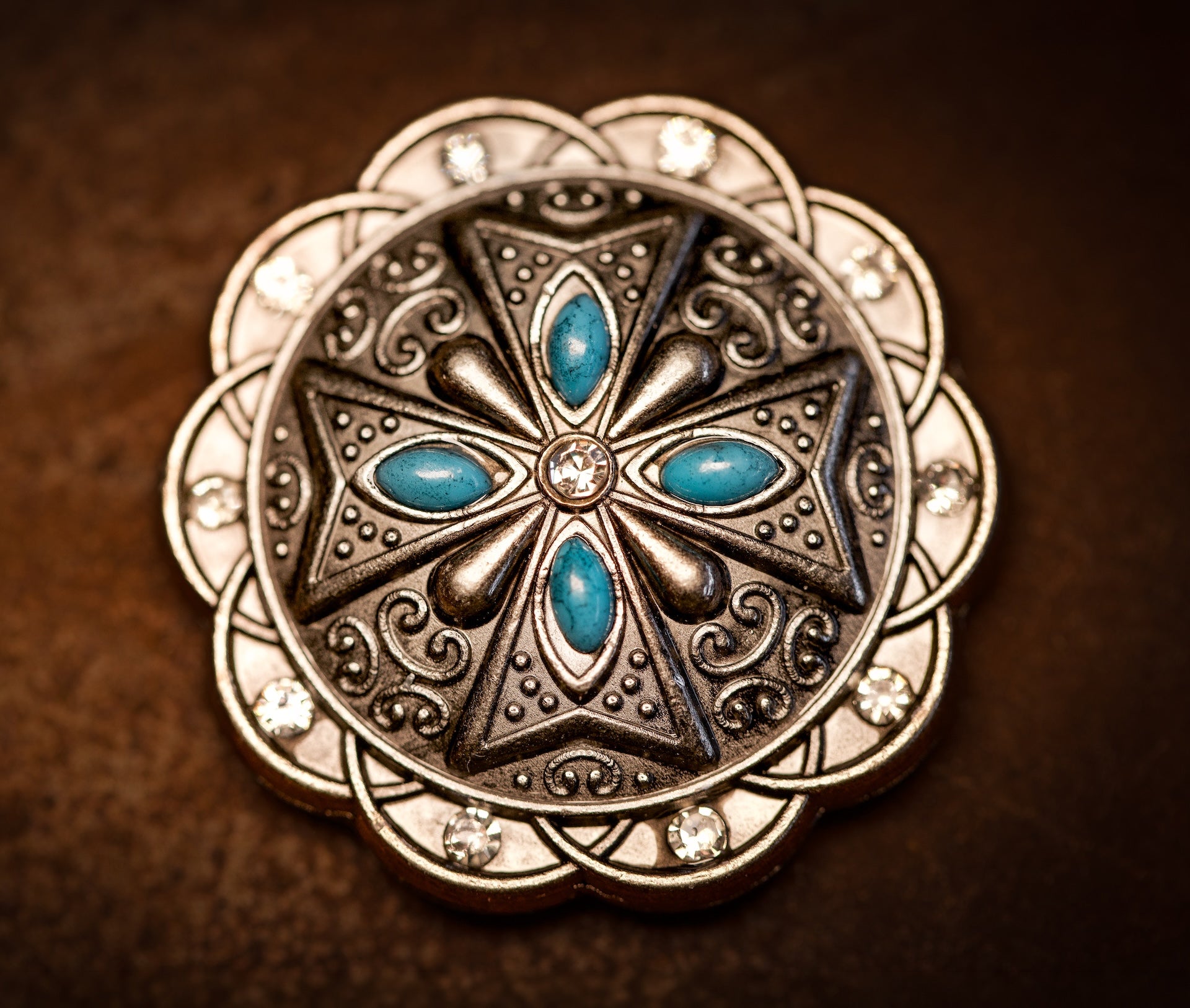 1.5" Prairie Star Concho with Turquoise and Clear Stones