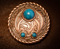 1.5" Antique Copper Squash Blossom Concho with turquoise stones