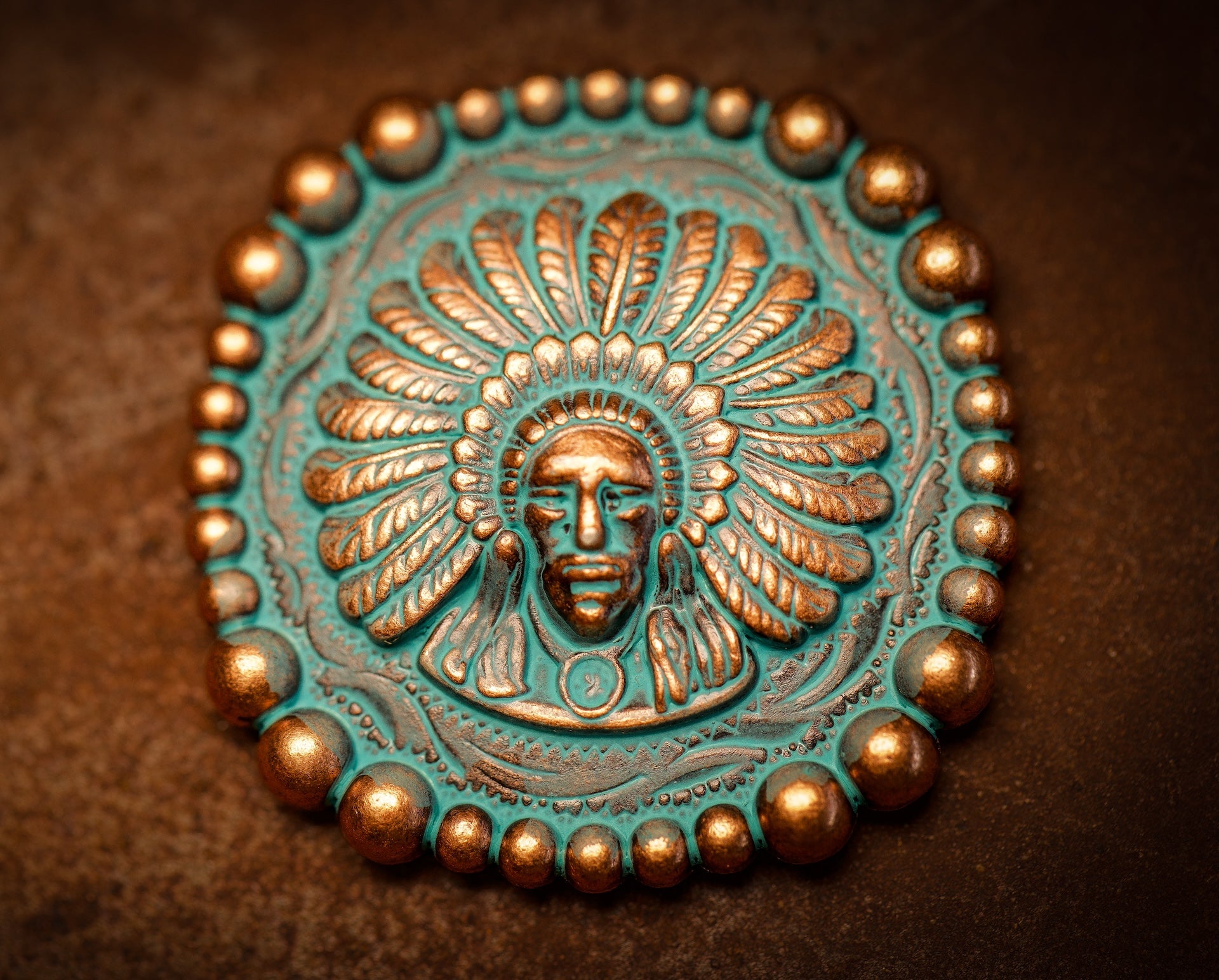 1.5" Green Copper Patina Native Headdress Concho