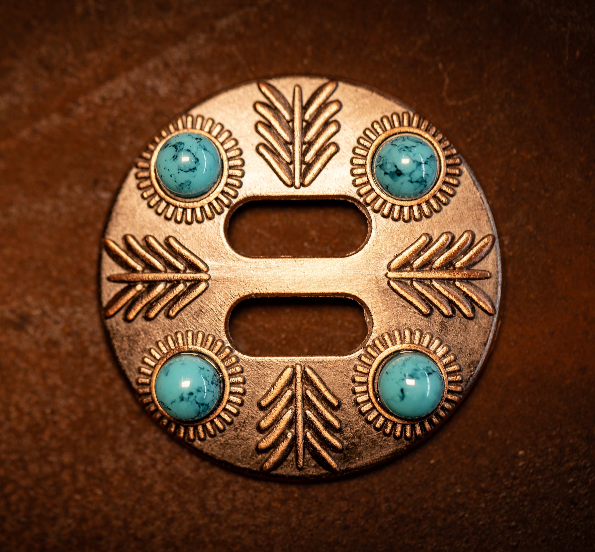 1.5" Copper Arrow Slotted Concho with turquoise color stones