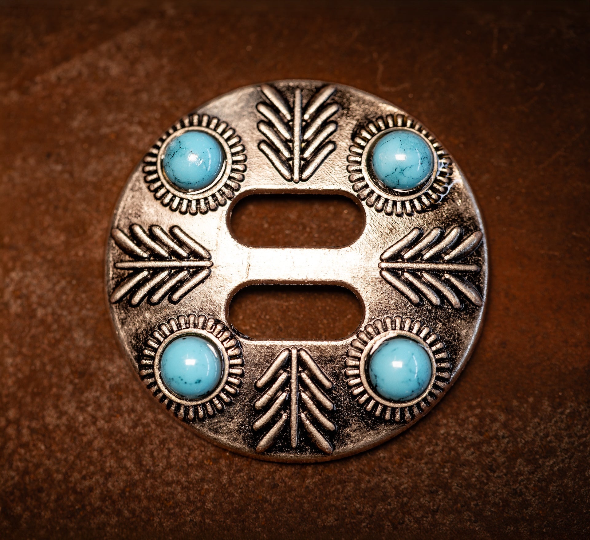 Antique Nickel Arrow Slotted Concho with turquoise color stones