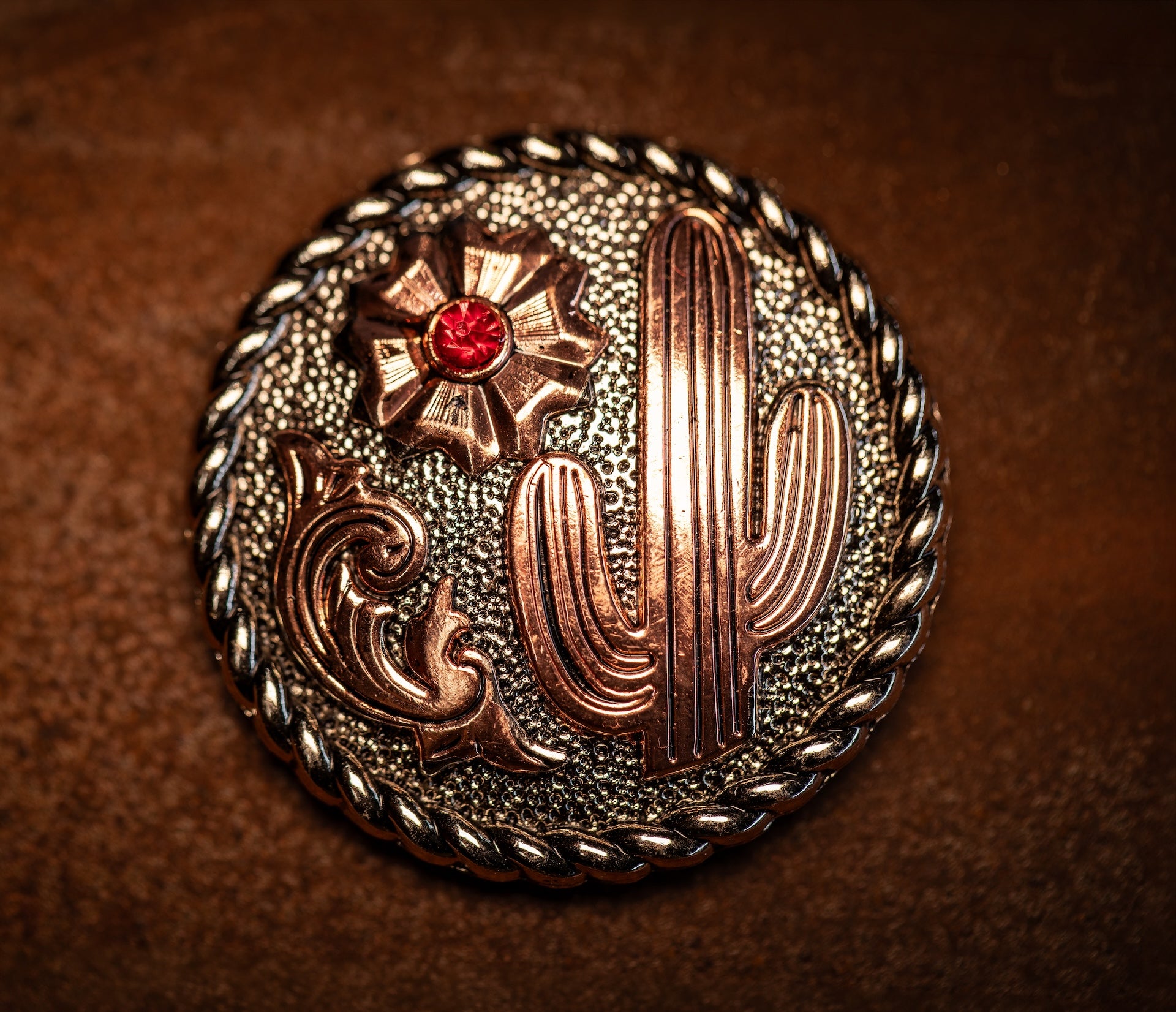 Two-Tone Copper Catcus Concho with Red Stone