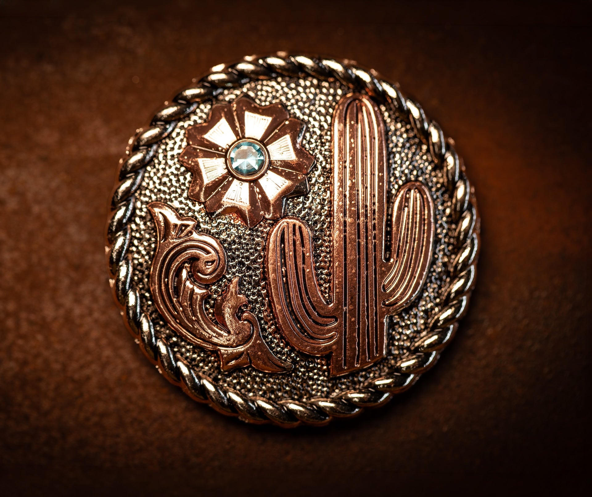 1.5” Copper Cactus Concho with blue crystal color stone
