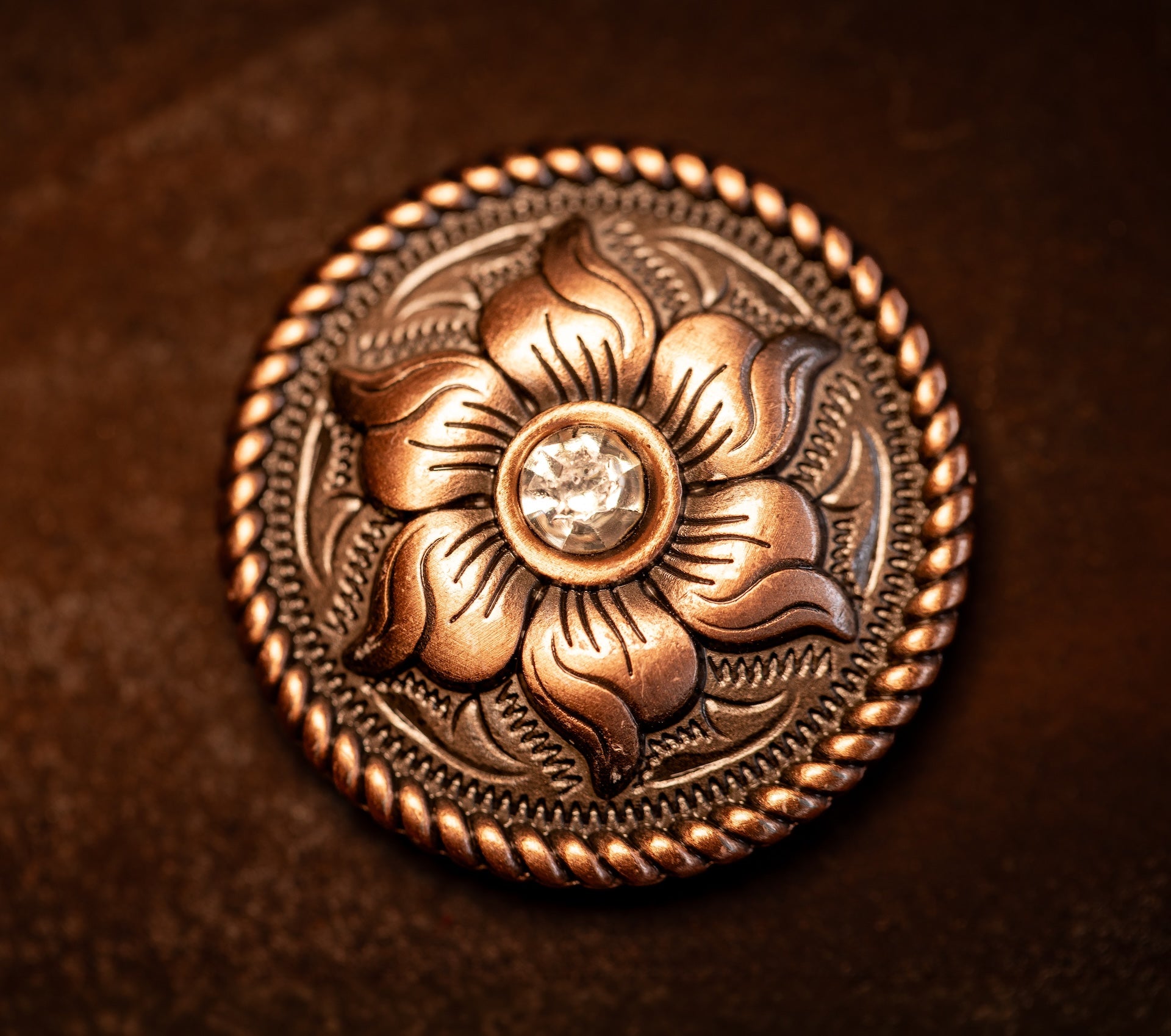 1.25" Copper Floral Concho with Crystal Stone