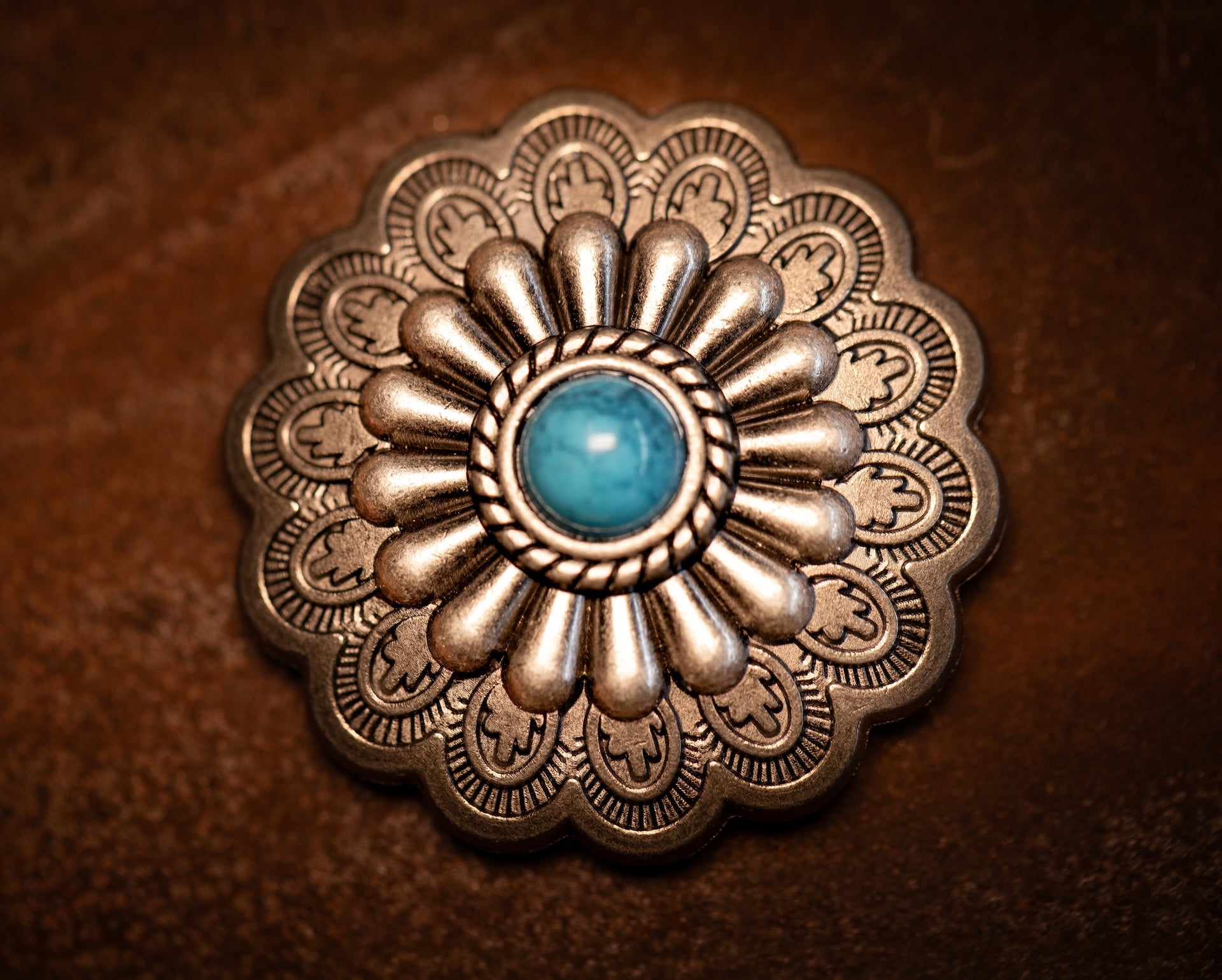 1.5” Antique Nickel scalloped concho with turquoise stone
