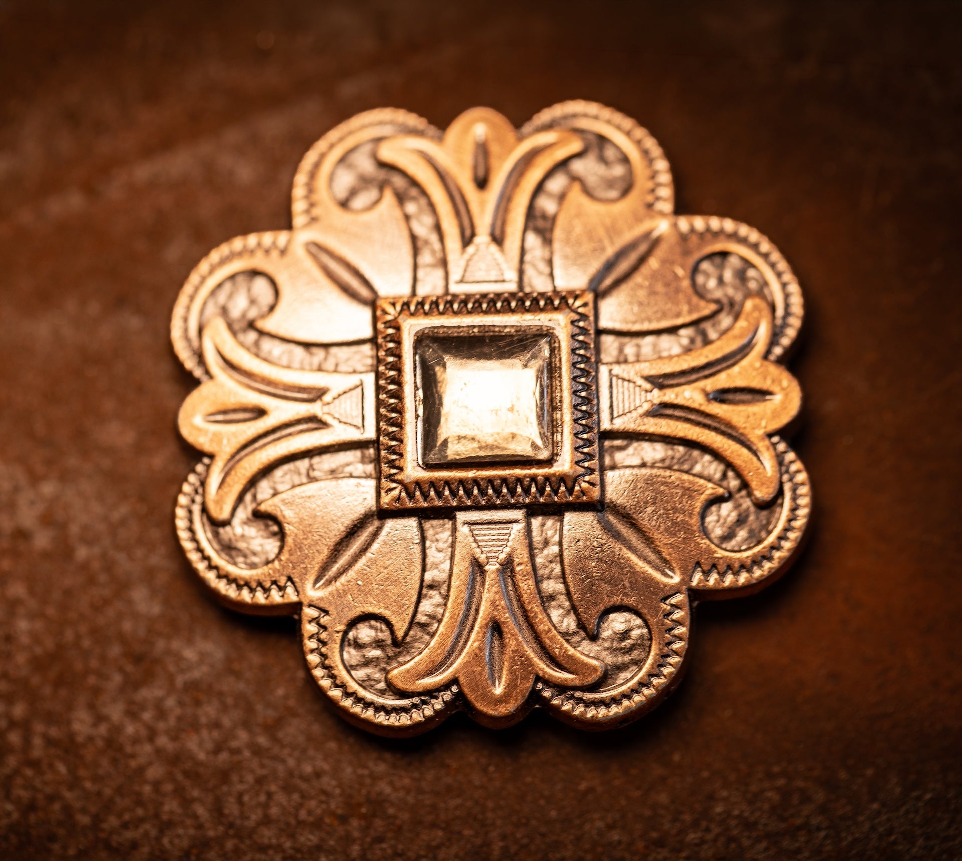 1.5" Copper Floral Concho with Gun Metal Stone