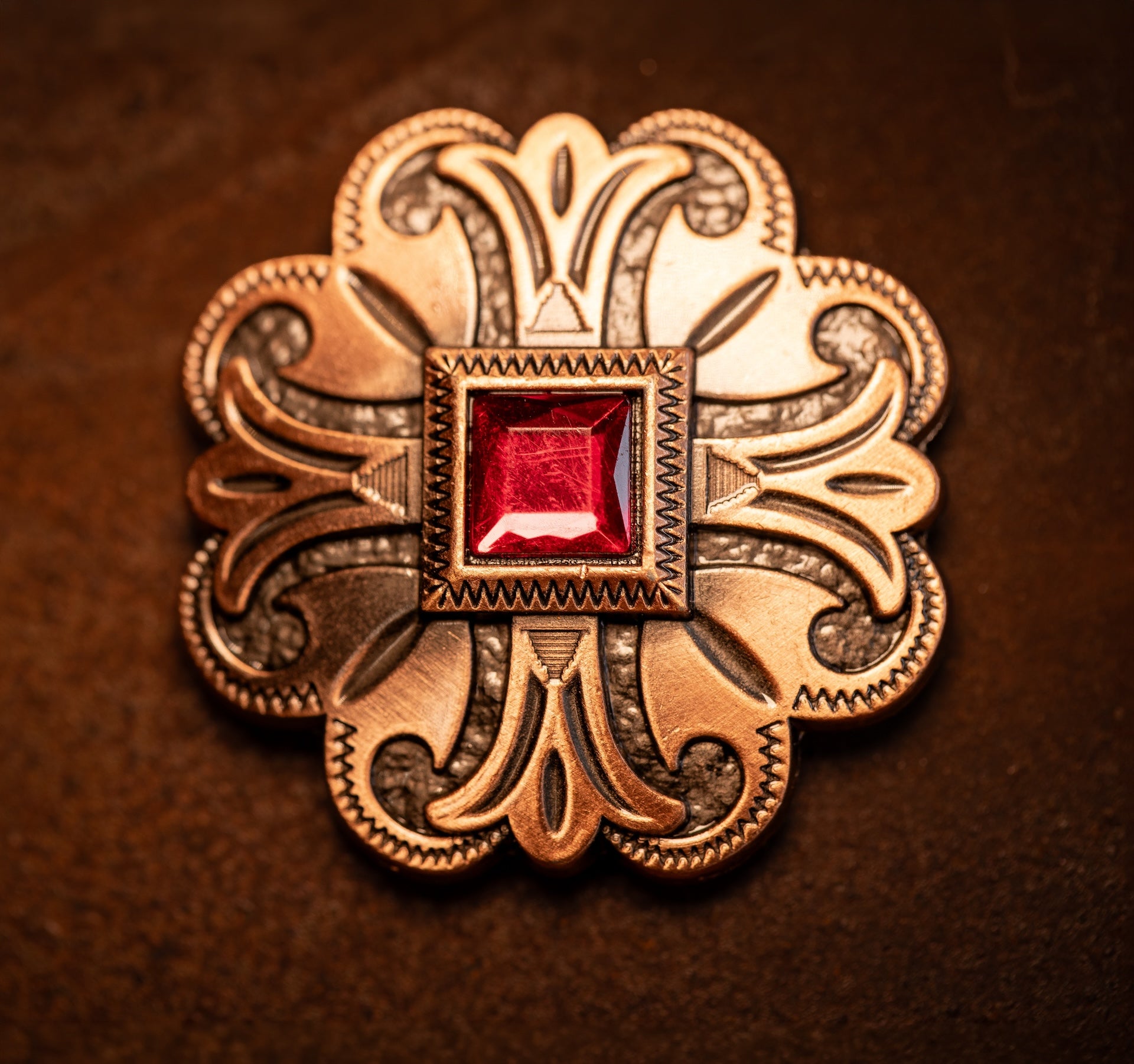 1.5" Western Blossom with Transparent Red Stone Concho