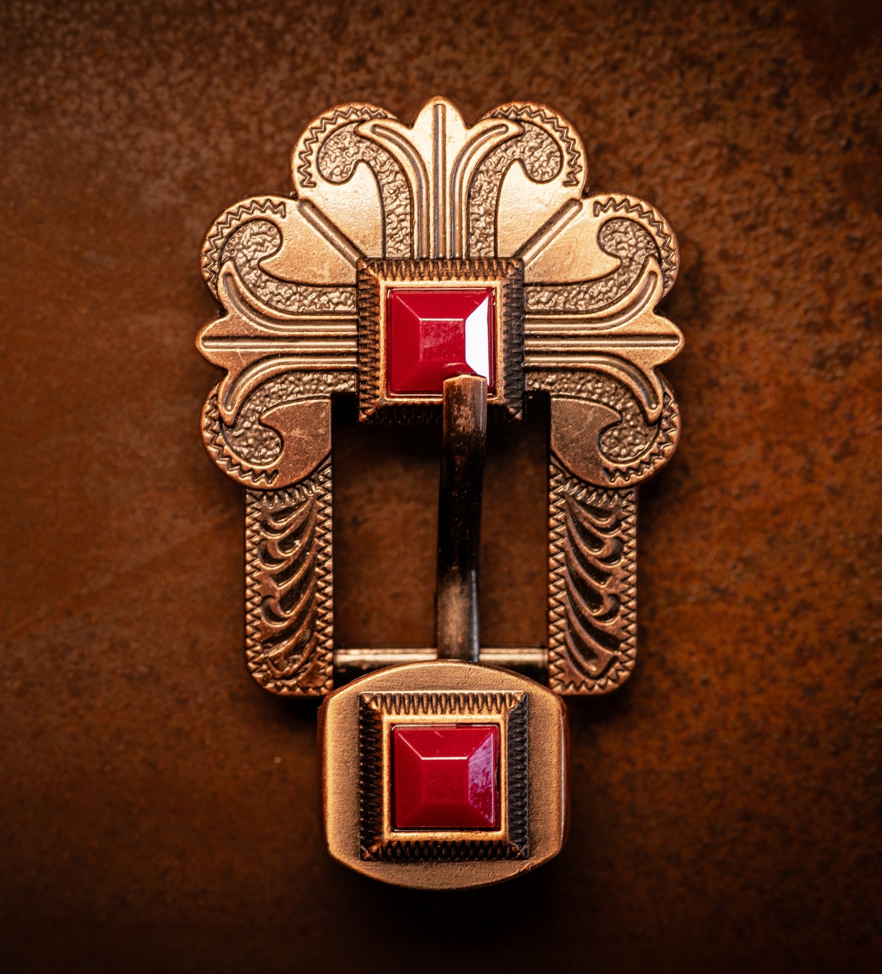 3/4" Copper Floral Buckle with Red Stone