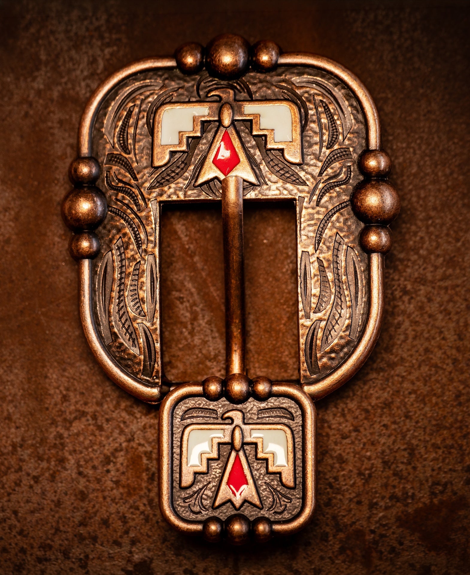 1" Copper Thunderbird Buckle with red and turquoise enamel