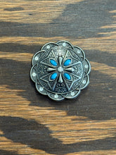 Load image into Gallery viewer, 1.5&quot; Antique Nickel Cross Concho with Turquoise and Clear Stones
