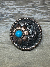 Load image into Gallery viewer, 1.5&quot; Two-tone Swirl Floral Concho with flower and turquoise color stone

