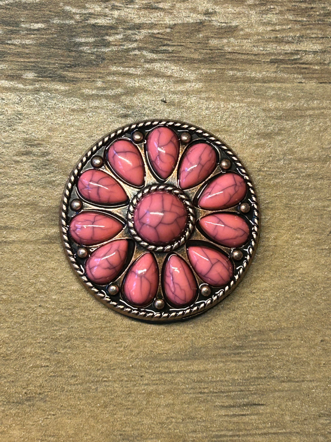 1.5” Decorative Antique Copper Stone Concho with Fuchsia Stones