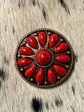Load image into Gallery viewer, 1.5” Decorative Antique Copper Concho with Red Stones
