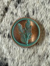 Load image into Gallery viewer, 1.25” Copper Patina Feather Concho
