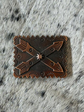 Load image into Gallery viewer, 1.75” x 1.5” Rectangular Copper Crossed Arrows Concho
