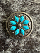 Load image into Gallery viewer, 1.5" Antique Nickel Cactus Flower Concho with Turquoise Stones
