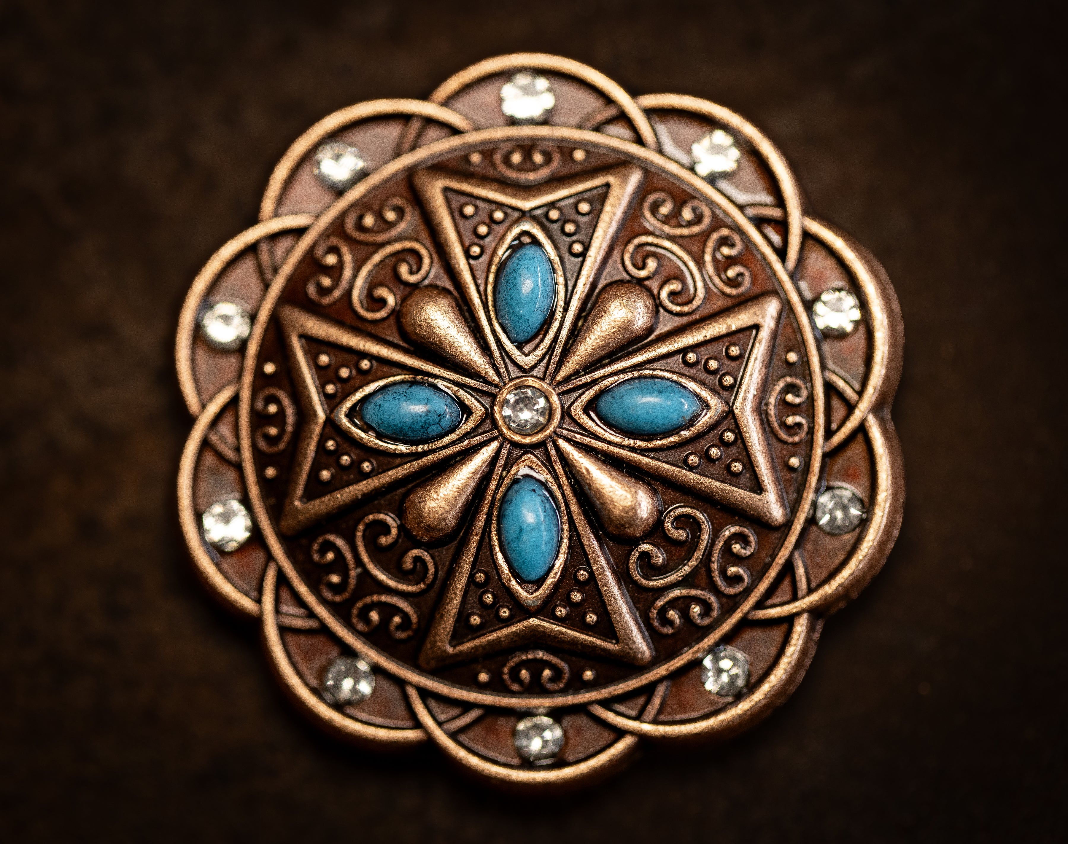 1.5" Copper Cross Concho with Turquoise and Clear Stones