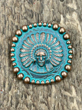 Load image into Gallery viewer, Bulk lot of 100 1.5&quot; Green Copper Patina Native Headdress Concho
