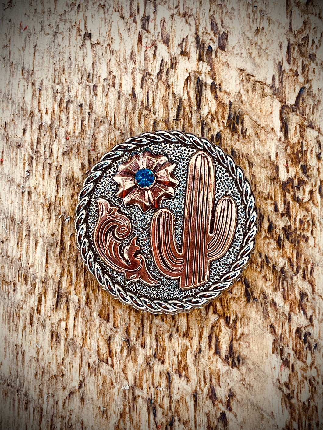 1.25” Copper Catcus Concho with blue crystal color stone