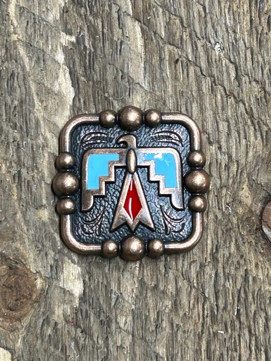 1.5” Copper Thunderbird Concho with red and turquoise color enamel